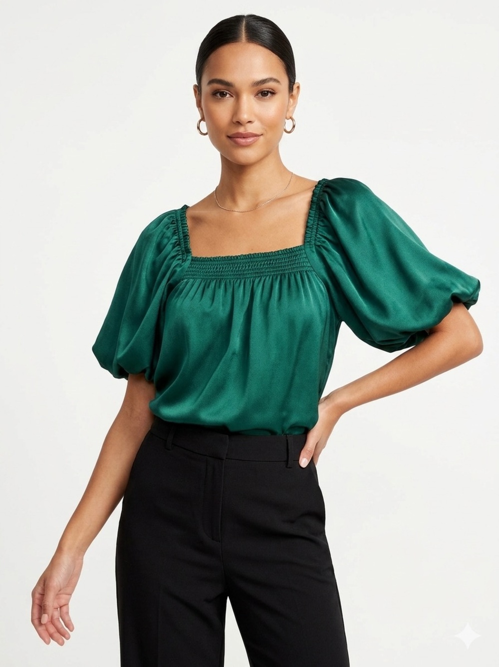 entro Emerald Satin Puff Sleeve Top